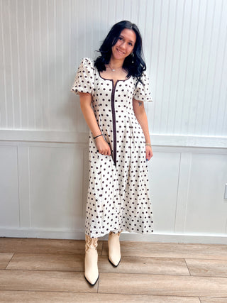 Vivi Polka Dot Short Puff Sleeve Midi Dress-Dress-ENTRO-D30640,DJR,FD 04/30/26-The Twisted Chandelier