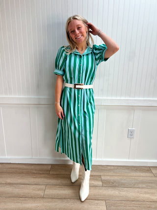 Charlotte Stripe Print Short Puff Sleeve Midi Dress-Dress-ENTRO-DJR,FD 04/20/26,OGP $72.99 5/28/26-The Twisted Chandelier