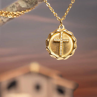 18K Gold PVD Stainless Steel Stone Cross Pendant-Stainless Steel Charm-WJW-The Twisted Chandelier