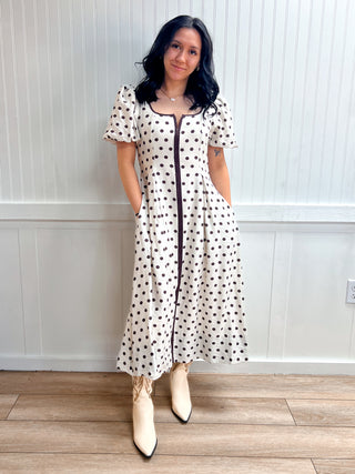 Vivi Polka Dot Short Puff Sleeve Midi Dress-Dress-ENTRO-D30640,DJR,FD 04/30/26-The Twisted Chandelier