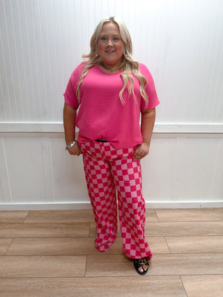 Brynn Woven Airflow V-Neck Short Sleeve Top - Fuchsia - Plus-Shirts & Tops-ZENANA-05/26/26,FD 03/12/26,OGP 39.99,Tops Collection-The Twisted Chandelier