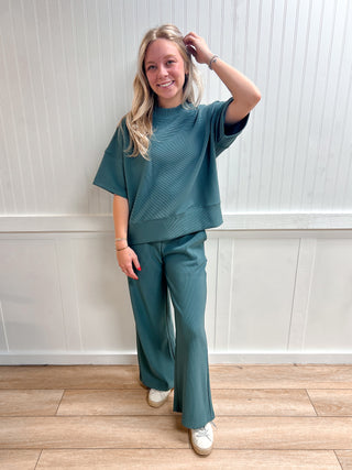 Jovie Ribbed Round Neck Tee & Pants Set – Soft Knit Two-Piece Lounge Outfit - Ash Jade-Outfit Sets-Zenana-05/07/26,FD 03/12/26,OGP 59.95-The Twisted Chandelier