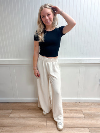 Wren Woven Airflow Elastic Waistband Pants - Sand Beige-Pants-ZENANA-bottoms,FD 03/12/26-The Twisted Chandelier