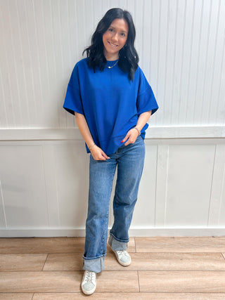 Kinsley Ribbed Round Neck Waist Banded Tee Shirts - Classic Blue-Shirts & Tops-Zenana-FD 03/12/26,RWB,Tops Collection-The Twisted Chandelier