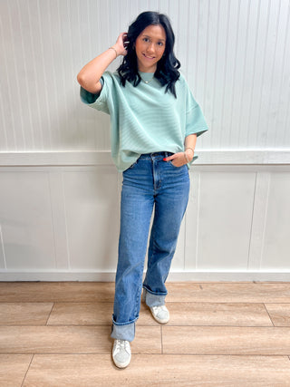 Kinsley Ribbed Round Neck Waist Banded Tee Shirts - Dusty Green-Shirts & Tops-Zenana-FD 03/12/26,Tops Collection-The Twisted Chandelier