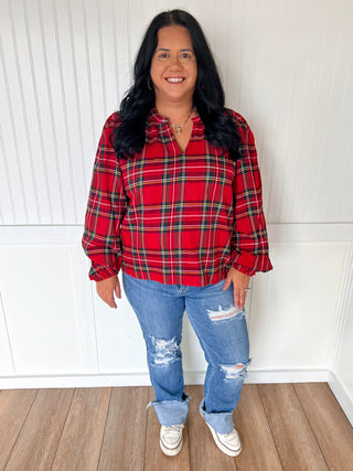 Clara Christmas Plaid Ruffled V-Neck Top with Balloon Sleeves-Blouse-BiBi-BIN A 3,FD 11/6/25-The Twisted Chandelier