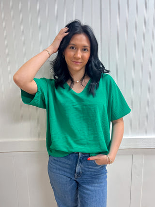 Brynn Woven Airflow V-Neck Short Sleeve Top - Kelly Green-Shirts & Tops-ZENANA-05/26/26,FD 03/12/26,OGP 39.99,Tops Collection-The Twisted Chandelier