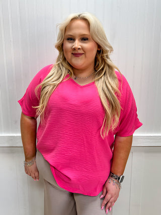 Brynn Woven Airflow V-Neck Short Sleeve Top - Fuchsia - Plus-Shirts & Tops-ZENANA-05/26/26,FD 03/12/26,OGP 39.99,Tops Collection-The Twisted Chandelier