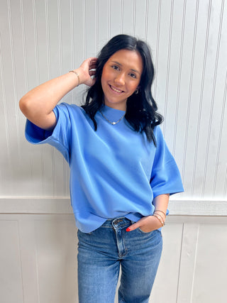 Kinsley Ribbed Round Neck Waist Banded Tee Shirts - Cornflower Blue-Shirts & Tops-Zenana-FD 03/12/26,RWB,Tops Collection-The Twisted Chandelier