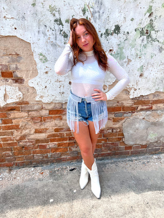 White Rhinestone Fringed Cover Up Skirt -White-Belts-Lucky & blessed-05/27/24,1st md,Accessories,Bin C2,western & concert-The Twisted Chandelier