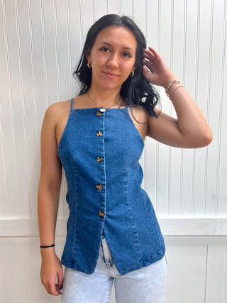 Rowan Straight Neckline Stretch Denim Long Vest Top-Shirts & Tops-Active Basic | Active USA-FD 04/30/26,Tops Collection-The Twisted Chandelier