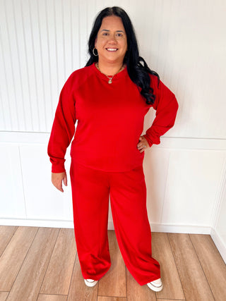 Tessa Scuba Crewneck Pullover & Pants 2-Piece Lounge Set – Soft Stretch Matching Set - Red-Outfit Sets-Zenana-FD 11/6/25-The Twisted Chandelier