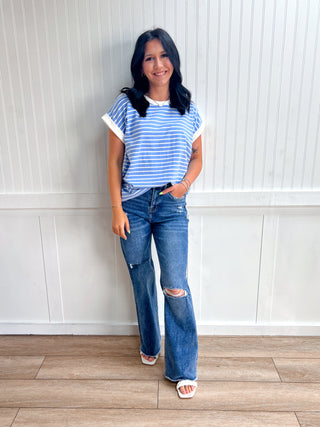 Carly Contrast Trim Cap Sleeve Stripe Tee-Top-Zenana-FD 05/26/26,Tops Collection-The Twisted Chandelier