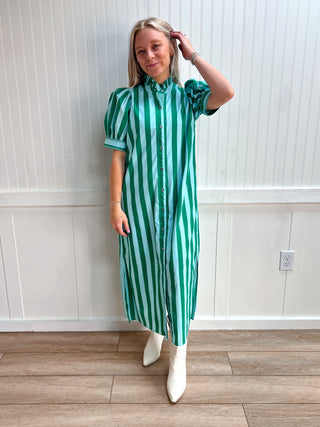 Charlotte Stripe Print Short Puff Sleeve Midi Dress-Dress-ENTRO-DJR,FD 04/20/26,OGP $72.99 5/28/26-The Twisted Chandelier