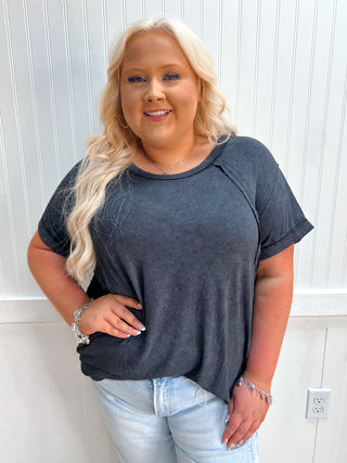 Ryland Washed Ribbed Cuffed Short Sleeve Round Neck Top Plus - Black-Top-Zenana-FD 05/30/26,Tops Collection-The Twisted Chandelier