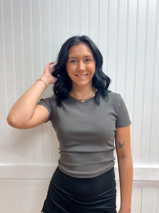 Lola Short Sleeve Crew Neck Cotton Spandex Rib Knit Top-Shirts & Tops-Active Basic | Active USA-FD 02/03/26,restocked 03/30/26,RWB,Tops Collection-Small-Charcoal-The Twisted Chandelier