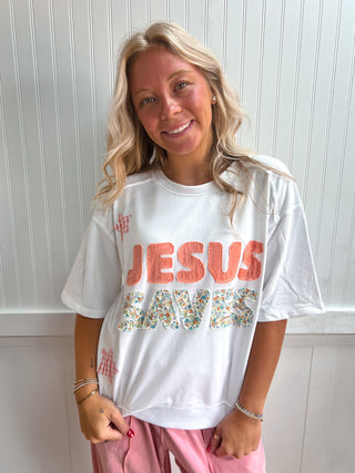 Ellie Jesus Saves Patchwork Crew Neck Short Sleeve Top-Top-Mittoshop-FD 06/26/26,Tops Collection-The Twisted Chandelier