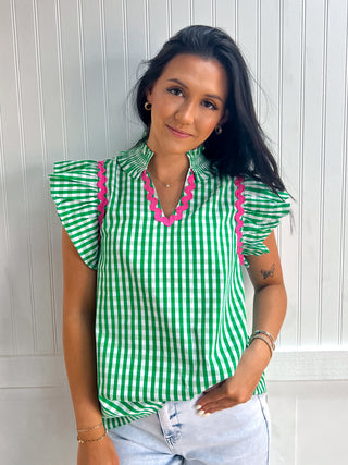 Eloise Check Print Flutter Sleeve Top