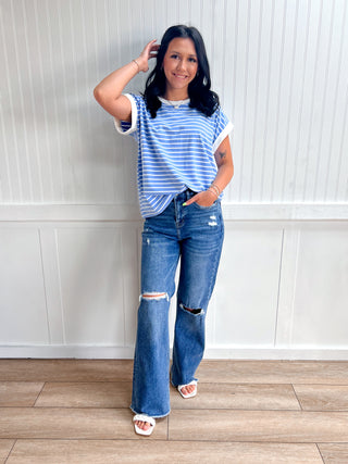 Carly Contrast Trim Cap Sleeve Stripe Tee-Top-Zenana-FD 05/26/26,Tops Collection-The Twisted Chandelier