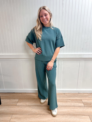 Jovie Ribbed Round Neck Tee & Pants Set – Soft Knit Two-Piece Lounge Outfit - Ash Jade-Outfit Sets-Zenana-05/07/26,FD 03/12/26,OGP 59.95-The Twisted Chandelier