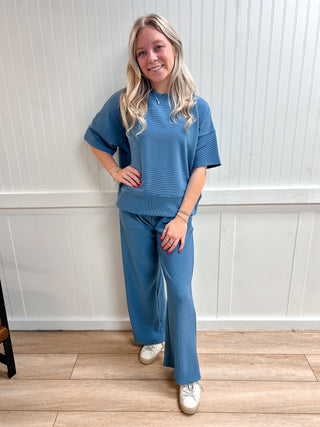 Jovie Ribbed Round Neck Tee & Pants Set – Soft Knit Two-Piece Lounge Outfit - Dusty Blue-Outfit Sets-Zenana-05/07/26,FD 03/12/26,OGP 59.95-The Twisted Chandelier