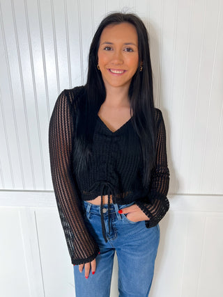 Zella Drawstring Long Sleeve Sheer Crochet Top-Apparel & Accessories-blu pepper-B4ST1063,BIN A 3,Tops Collection-The Twisted Chandelier