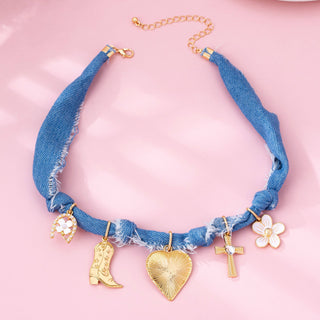 Western Denim Cowboy Boot & Cross Charm Necklace-JOSSLYN by wall to wall-80N92859-The Twisted Chandelier