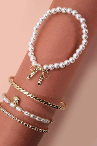 Bow Pearl Rhinestone Bar Stretch Bangle Set-JOSSLYN by wall to wall-80B137-The Twisted Chandelier