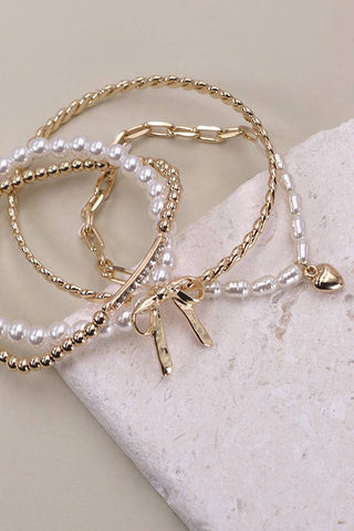 Bow Pearl Rhinestone Bar Stretch Bangle Set-JOSSLYN by wall to wall-80B137-GOLD-The Twisted Chandelier