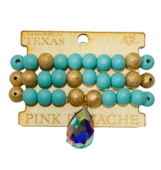 Pink Panache 3-Strand Turquoise Wood and Gold Bead Bracelet with Large AB Teardrop Charm-Bracelet-Pink Panache-The Twisted Chandelier
